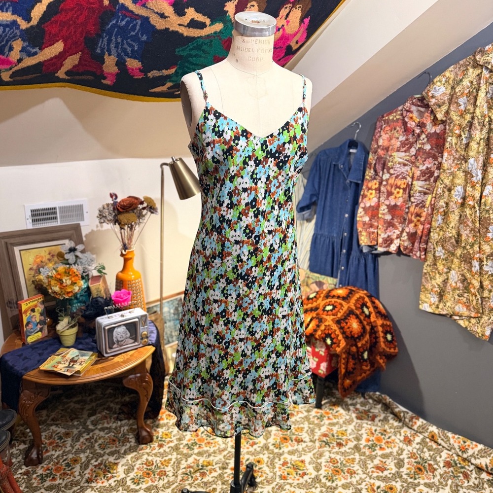 vintage Y2K 90s Floral Slip Dress XL Blue Green Rayon Ruffle Hem Made in USA - Picture 2 of 10